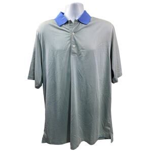 Donald Ross Grey Blue Striped Polo Shirt Size L 100% Polyester Golf Casual